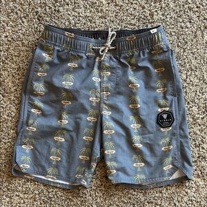 VISSLA Blue Swim Shorts with Green & Tan Palm Print
